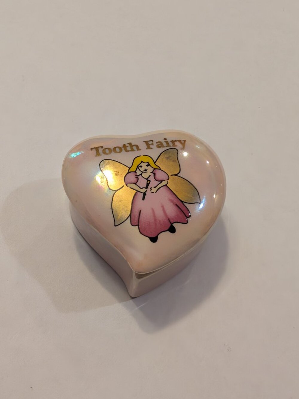 Vintage Ganz Porcelain Tooth Fairy Trinket Box Heart Shape Iridescent